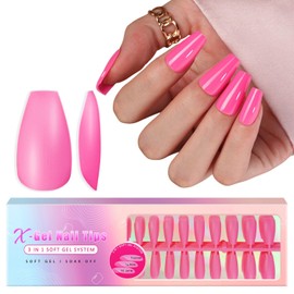 SXVME Hot Pink Gel X Nail Tips Long Coffin Gel X Nails Pre-colored Gel X Tips Long Press on Nails Pre Applied Tip Primer Soft Gel Nail Tips Natural Acrylic Fake Nails Extensions for DIY Nail,300Pcs