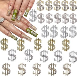 30PCS Money Dollar Nail Charms Silver and Gold 3D Alloy Dollar Money Nail Art Charms with Rhinestones for Women Nail Decoration DIY Design Crystals Shiny Nail Gem Jewelry Manicure