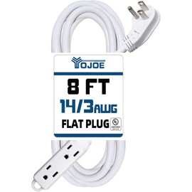 YOJOE 3-Outlets Flat Plug Indoor Extension Cord Outlet Extender, 3 Prong 8 ft 15A Power Strip, 14 Gauge Heavy Duty White Extension Cord, 14/3 SJTW, UL Listed