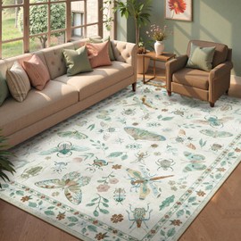 Beeiva Insect Print Rug 6x9, Washable Carpet for Living Room Non Slip, Low Pile Ultra Thin Foldable Large Area Rugs for Office, Bedroom, Kids Room, Playroom, Nursery - Beige