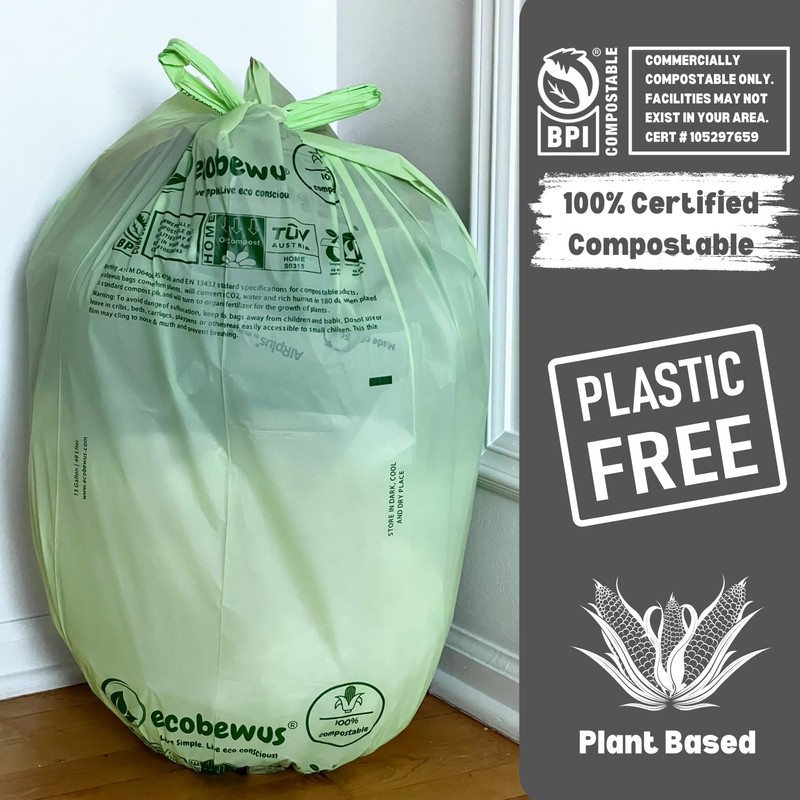 ECOBEWUS 100% Compostable 13 Gallon Bags (35 Bags) Tall Kitchen
