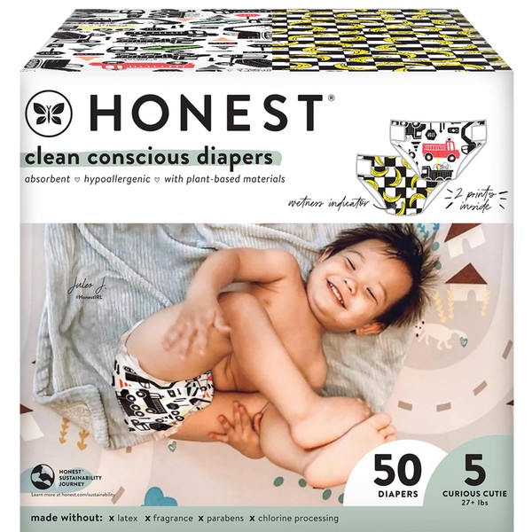 The Honest Company Clean Conscious Diapers | Plant-Based, Sustainable | Big Trucks + So Bananas | Club Box, Size 5 (27+ lbs), 50 Count