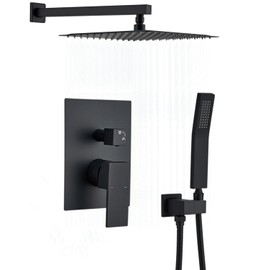Shower Faucet Set Matte Black Shower System,RomceBath Shower Pressured Balance Brass Valve and Trim Kit 12 Inch Shower Head and Bath Handle Combo set Wall Mounted Tub and Shower Faucets Sets Complete