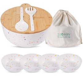 ECOWAY Melamine Salad Bowl, Bamboo Fiber Salad Bowl Large with 4 Small Serving Bowls and Bamboo Lid Cutting Board with Handle and Silicone Seal Ring Perfect for Storage Salad Foods(Spots,9.8 Inches)