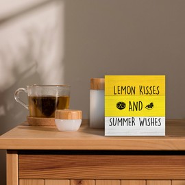 Luipk Summer Lemon Wood Box Sign Desk Decor, Summer Lemon Welcome Yellow Lemons Kisses and Summer Wishes Wooden Block Sign Decorations for Home Farmhouse Kitchen Dining Room Wall Tabletop Shelf Decor