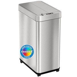 iTouchless 13 Gallon Wings-Open Mobile Wheeled Kitchen Trash Can with Lid and Odor Filter, Dog Proof Stainless Steel Garbage Bin for Home Office Work Bedroom Living Room Garage Slim Wastebasket