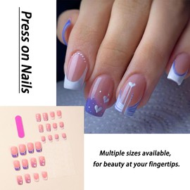 Blue White French Tip Press On Nails Square Stick On Nails Cute Fake Nails With Heart Designs Hort Medium Glue On Nails For Women Diy Full Cover False Nails For Wedding Birthday Prom 24pcs