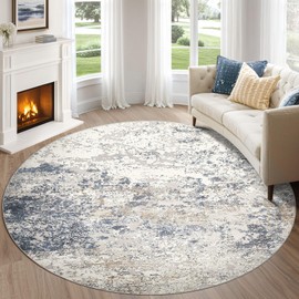 DMOYEST 6ft Round Area Rug Living Room Rugs - 6x6 Washable Large Soft Indoor Neutral Modern Abstract Low Pile Rug Carpet for Bedroom Dining Room Farmhouse Home Office - Beige Blue