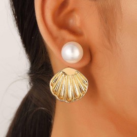 TseenYi Pearl Shell Earrings Gold Cowrie Shell Earrings Vintage Pearl Stud Earrings Shell Drop Pearl Earrings Statement Pearl Ocean Shell Earrings, Zinc, No Gemstone