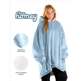 Bare Home Sherpa Fleece Wearable Blanket - Oversized Wearable Blanket - Adult Size - Warm & Cozy - Soft Plush Blanket - Comfortable Blanket Sweatshirt with Two Zipper Pockets (Adult, Light Blue)