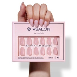 VSALON Press-On Nails - Short Almond Semi-Transparent Pink Cream Finish Fake Nails, 32 PCS in 16 Sizes, Reusable Nail Kit with Long-Lasting UV Glue, Adhesive Tabs & Nail Glue (Icecream)