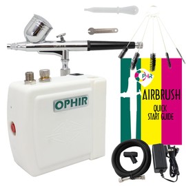 OPHIR Portable Mini Airbrush Air Compressor Kit Dual Action Airbrush Set with Cleaning Brush Adjustable Spray Gun for Hobby Model Crafts (White)