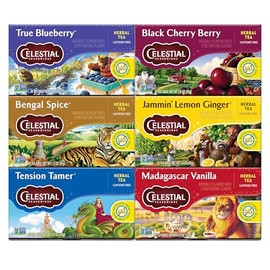 Celestial Seasonings Herbal Tea Variety Pack, Herbal Tea Set with Rooibos, Blueberry, Tension Tamer, Cherry Berry, Bengal Spice, and Lemon Ginger Tea, 20 Caffeine Free Tea Bags Each (Pack of 6)
