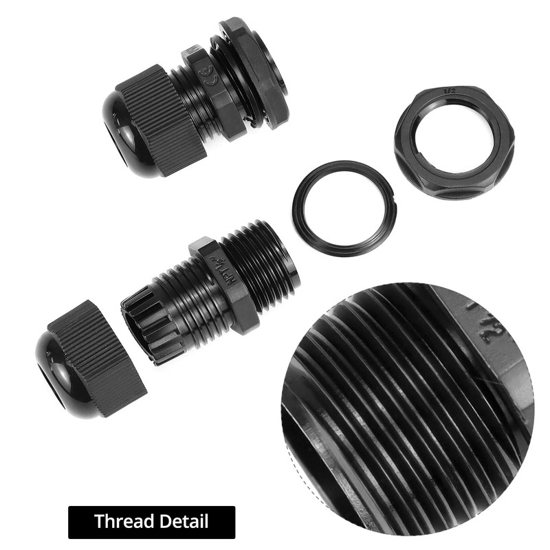 QWORK 1/2" NPT Nylon Cord Grip Cable Glands, Black 20-Pack,
