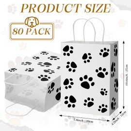 Tenceur 80 Pcs Dog Gift Bags Bulk Puppy Paw Paper Bags with Handles 10.63 x 4.72 x 7.87 Inch Brown Shopping Holiday Kraft Dog Goodie(White)