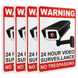 4 PC 24 Hour Video Surveillance Sign, 10x7 Aluminum Warning No Trespassing Signs Private Property