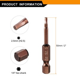 sourcing map Hex Head Wrench Drill Bit 2.5mm(H2.5) Metric 1/4" Hex Shank 2"(50mm) Length S2 Steel Magnetic Impact Drivers Screwdriver Bit Industrial Grade Hexagon Electric Drill Bits