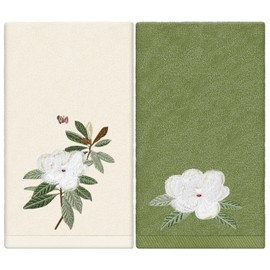 JarThenaAMCS 2 Pack Magnolia Hand Towels Nude Sage Green Flower Embroidered Cotton Dish Towel for Bathroom Hand Drying Kitchen Cleaning, 29.5 x 13.7 Inch