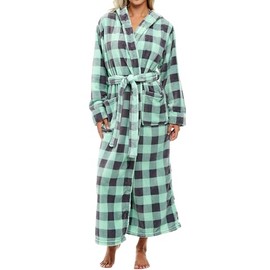 Alexander Del Rossa Women's Robes, Long Plush Bathrobe, Womens Robe with Hood, Hooded Robes for Women Plus Size Robe Buffalo Check Plaid Sage Medium (A0116A28MD)