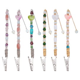 DELORIGIN 6 Styles Iron Credit Card Grabber for Long Nail, 6pcs Debit Bank Card Grabber with Alligator Clip, Glass Heart Star Beaded Credit Card Clips Pullers for Long Nails Keychain Women Girls