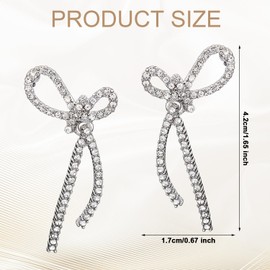 Mikovivi Silver Bow Rhinestone Earrings, Bowknot Tassel Earrings for Women Long Dangle Sparkly Drop Ribbon Jewelry Gift for Brides Wedding Anniversary