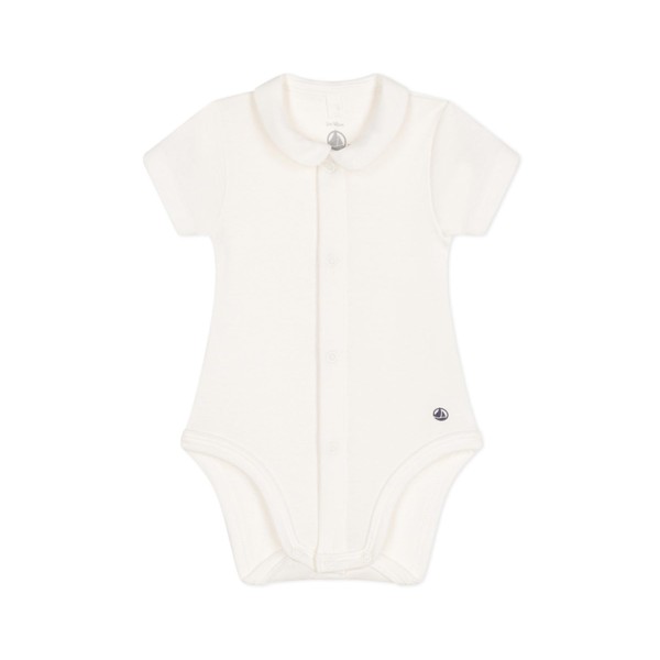 Petit Bateau Unisex Baby Short Sleeve Bodysuit with Collar, White,