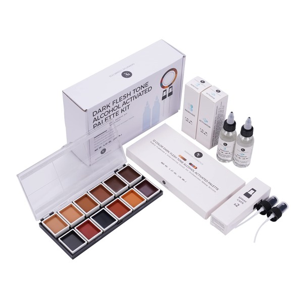 Narrative Cosmetics 12 Color Dark Flesh Tone Alcohol Activated Makeup Palette Kit - Includes Alcohol Activator and Moisturizing Remover - Waterproof Dark Flesh Tone Makeup for Professional Makeup Artists