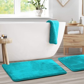 Clara Clark Bathroom Rugs, Ultra Soft Non Slip and Absorbent, Set of 2 Velvet Memory Foam Bath Mats. - 20" x 32", Teal Blue