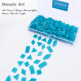 LITMIND Teal Blue Stained Glass Mosaic Tiles - 240 Pieces in 5 Shapes (Rectangle, Triangle, Rhombus, Square, Leaf) Mixed Sizes for Crafts, Mosaic Projects & Home Décor