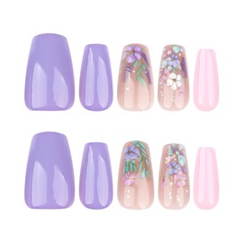 Flower Press on Nails Medium Square Spring Summer Purple Pink Nails Press Floral Fake Nails Nude Design Art Glue Nails Glossy False Nails Full Cover Acrylic Stick Nails for Women Girls 24PCS