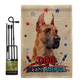 Patriotic Fawn Great Dane Burlap Garden Flag Set with Stand Animals Dog Puppy Spoiled Paw Canine Fur Pet Nature Farm Animal Creature Small Gift Yard House Banner Double-Sided Made In USA 13 X 18.5