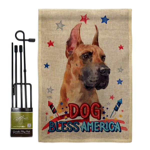 Patriotic Fawn Great Dane Burlap Garden Flag Set with Stand