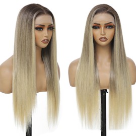 Highlight Straight Lace Front Wig Ombre Synthetic Lace Front Wig Pre Plucked Ready to Wear Glueless Wigs HD Lace Front Wigs for Women 26inch, Highlight Mix Brown Blonde Lace Front Wig