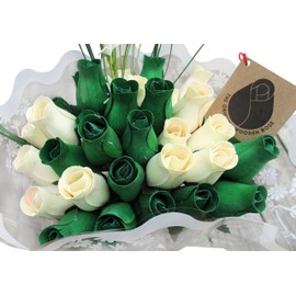 The Original Wooden Rose St. Patrick's Day Green and White Flower Bouquet Closed Bud Roses (3 Dozen)