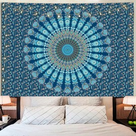 Miytal Indian Mandala Floral Tapestry, Hippie Bohemian Peacock Handmade Psychedelic Wall Hanging Decorative Tapestries for Bedroom, Living Room - 51.2" x 59.1" - Blue