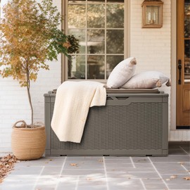 Devoko 100 Gallon Deck Box, Waterproof Resin Outdoor Storage Box with Cushion for Outside, Large Outdoor Storage Bench Cabinet Lockable for Patio Furniture and Garden Tools (Brown)