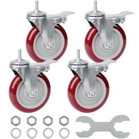 Finnhomy Swivel Caster Wheels 5 Inch Threaded Stem Casters Set of 4 Heavy Duty 3/8"-16 x 1 with Brake Polyurethane Industrial Locking Castors Wheels for Cart/Furniture 2200 Lbs Smooth Casters, Red
