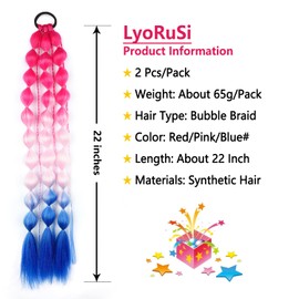 LyoRuSi 2 Pcs 22 Inch Lightweight Colored Hair Extensions for Girls Bubble Ponytail Extension with Hair Tie, Ombre Crazy Hair Day Accessories for Girls for EDC Festival Rave (Red/Pink/Deep Blue)