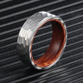 King Will 8mm Silver Hammered Titanium Ring Inlaid Wood Inner Hole Wedding Band for Men Matte Brushed Comfort Fit 13