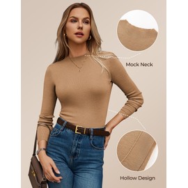 GRACE KARIN Womens Merino Wool Base Layer Mock Neck Fall Winter Sweaters Long Sleeve Pullover Thermal Underwear Caramel M