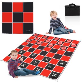 2 in 1 Giant Checkers & Large Tic Tac Toe Game Set (4.6ft x 4.6ft), Jumbo Checkers Outdoor Lawn Games with Game Mat & 4 Ground Stakes, Giant Indoor Outdoor Games for Kids, Yard Game, Camping Party
