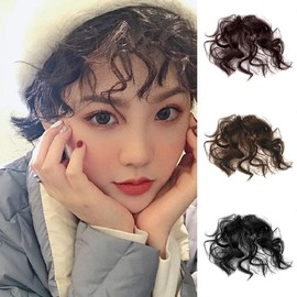 1Pc Dark Brown Fake Fringe Bang Clip-in Hair Extension Hairpiece, Natural Fluffy Curly Heat Resistant Highlight Wig Headwear, for Girl Lady Women Anime Party Cosplay Wedding Dating