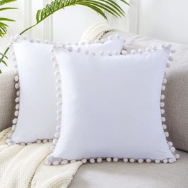 Top Finel 26x26 Euro Pillow Shams Set of 2 Decorative Throw Pillow Covers for Bed, Soft Velvet Couch Cushion Cases with Pom-poms for Bedroom, Pure White Winter Spring Home Decor