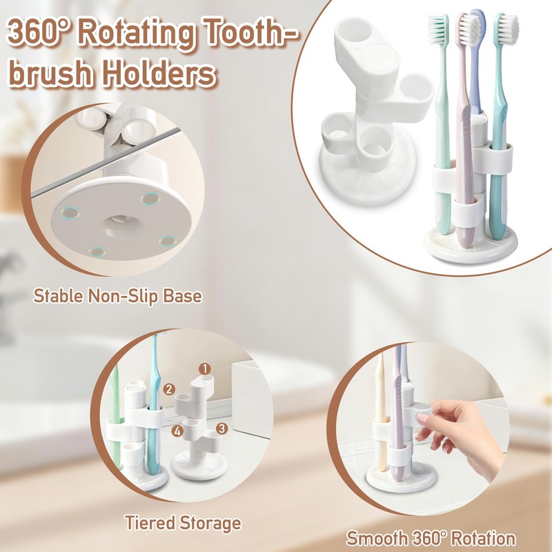 2 Pack 360° Rotating Toothbrush Holder for Bathroom, 4-Slot Toothbrush
