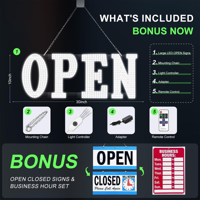 31'' x 11" Large LED Open Signs for Buisness, Remote