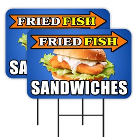 Vista Products Fried Fish Sandwiches 2 Pack Double-Sided Yard Signs 16" x 24" with Metal Stakes (Made in Texas)