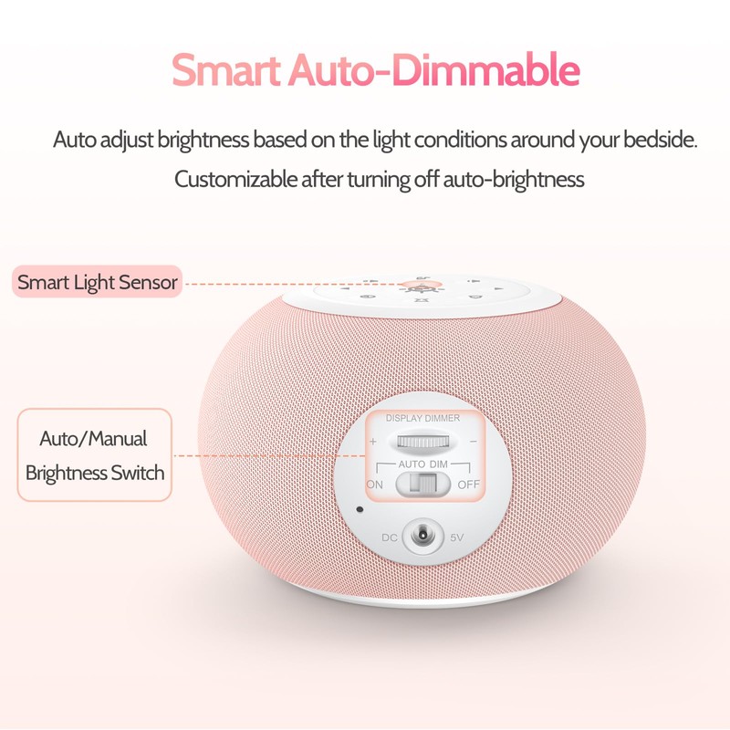 Reacher Auto Dimmable Sound Machine Alarm Clock with Night Lights,