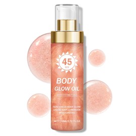 Body Glow Oil,SPF 45 Broad Spectrum,Shimmer Sunscreen Body Oil with Rose Gold Mica, Moisturizing Coconut,Lightweight Non-Sticky,Radiant Glow, 3.72 fl oz, ROSE