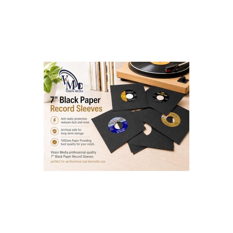 Vision Media® 7'' Black Paper Inners Sleeves - Acid Free