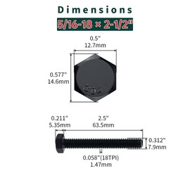 5/16-18 x 2-1/2" Hex Bolts with Nuts and Washers (10 Sets), 18-8 (304) Stainless Steel, External Hex Drive, Black Oxide Coated Hexagon Head Bolts Screws, Fayeploo